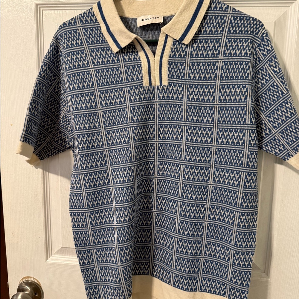 Preppy Retro Blue and Cream Industry Men's Shirt. Relaxed fit